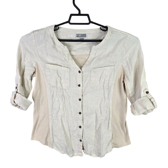 Womens JM Collection Beige Linen Blend Shirt Button Up Roll Tab Sleeve V Neck 8 - Picture 1 of 7